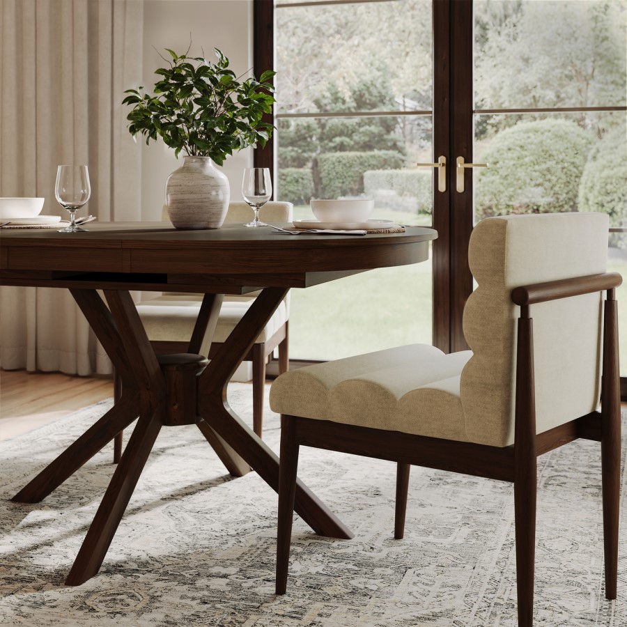 Set of 2 Walnut and Beige Ribbed Upholstered Dining Chairs - Freja
