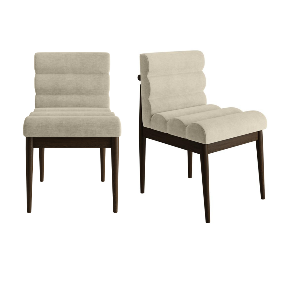 Set of 2 Walnut and Beige Ribbed Upholstered Dining Chairs - Freja