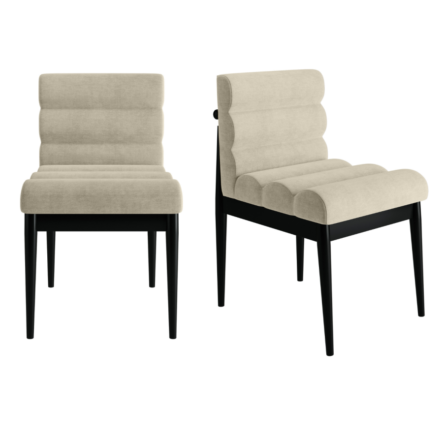 Set of 2 Black and Beige Ribbed Upholstered Dining Chairs - Freja