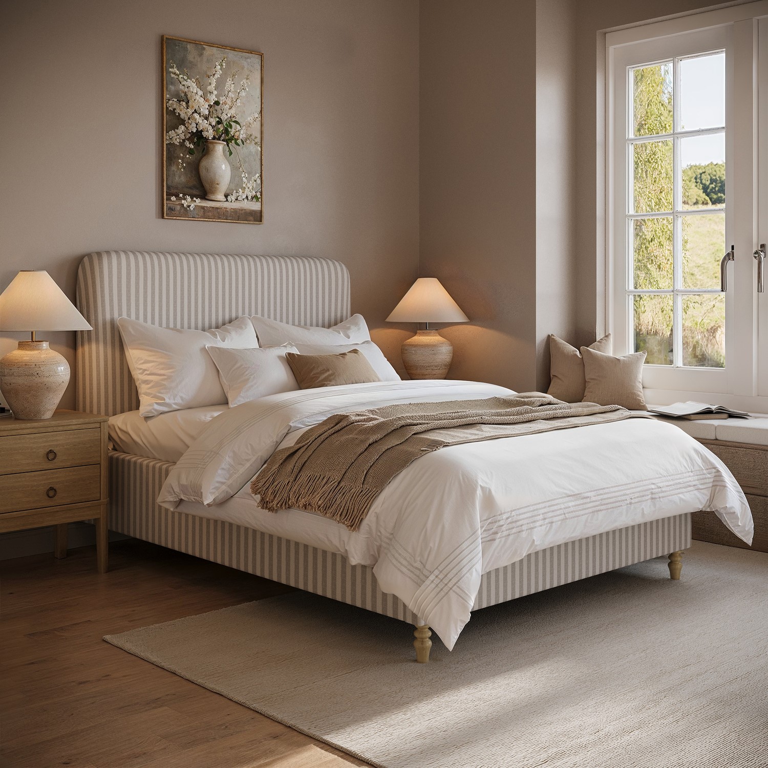Farrow Cream Beige Striped Upholstered Double Ottoman Bed With Curved Headboard