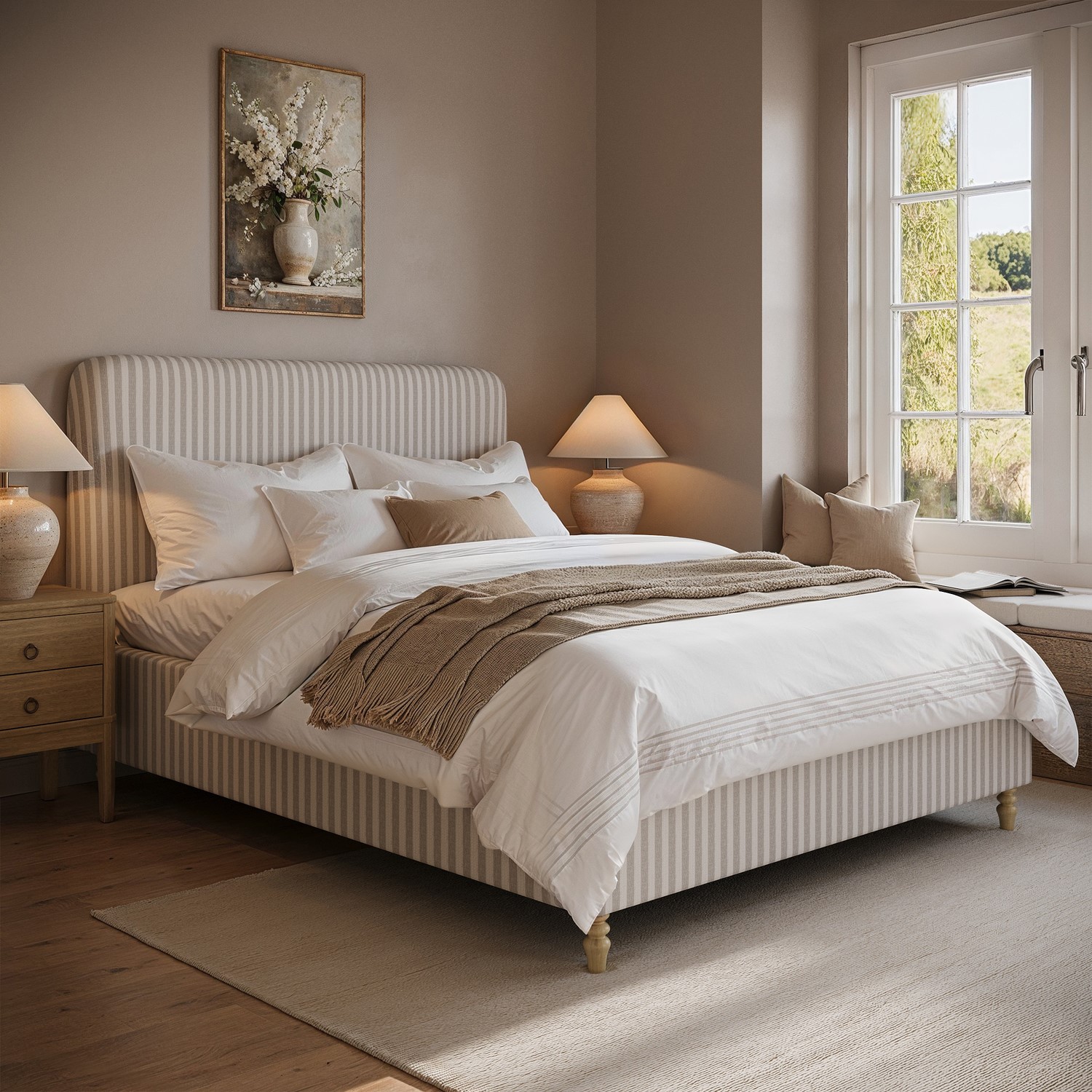 Farrow Cream Beige Striped Upholstered King Size Ottoman Bed With Curved Headboard
