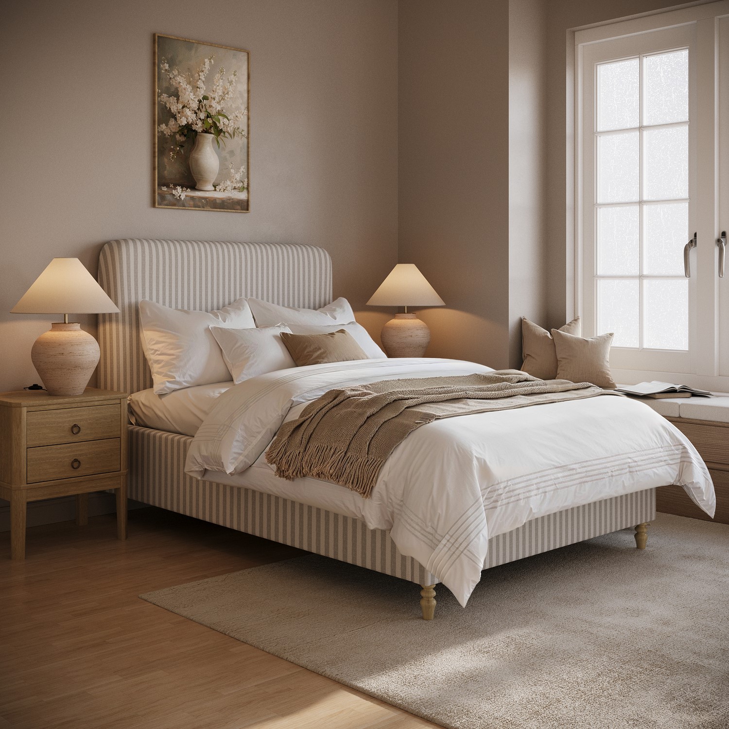 Striped Upholstered Small Double Ottoman Bed Curved Headboard