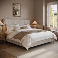 Cream Striped Chenille Super King Ottoman Bed with Curved Headboard - Farrow