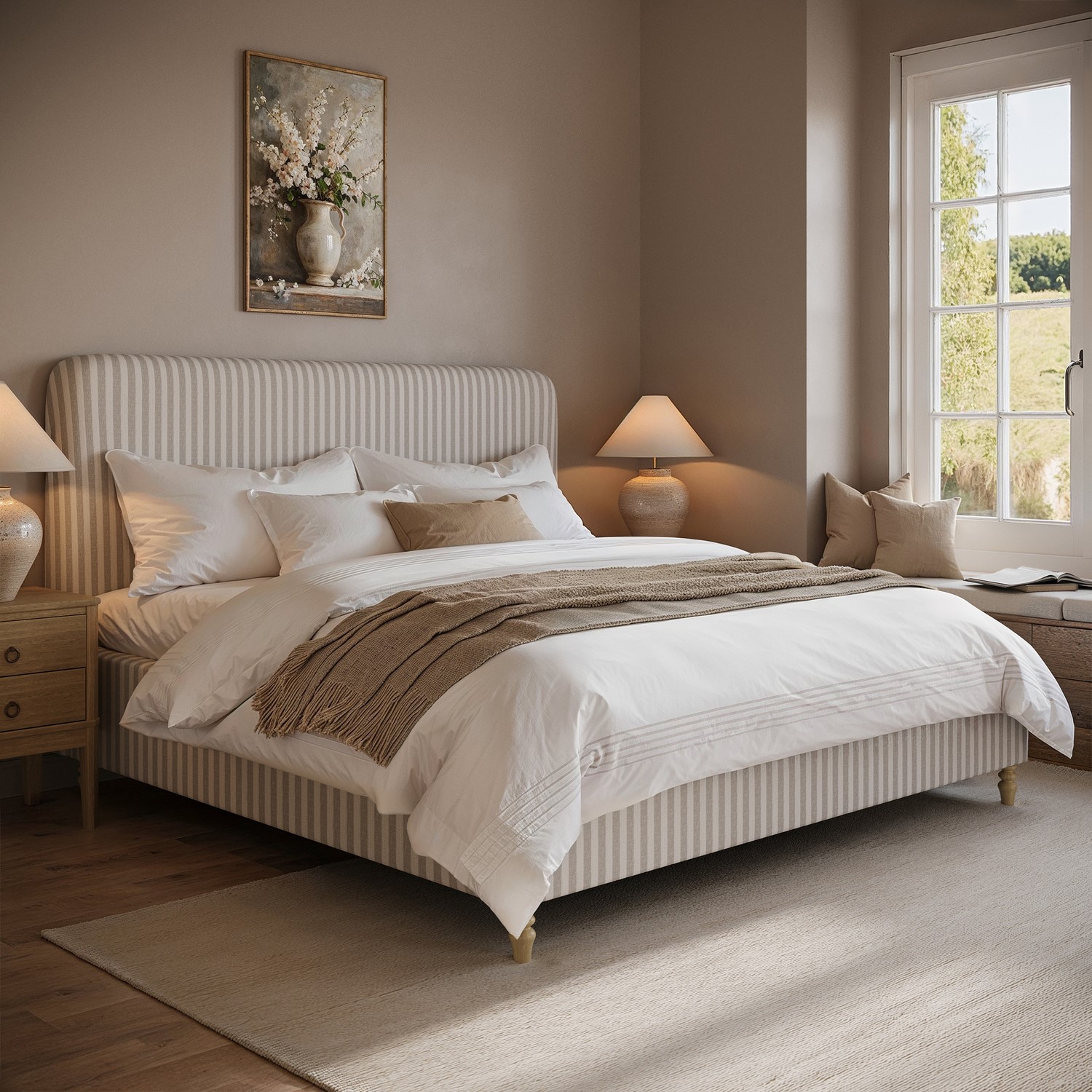 Farrow Cream Beige Striped Upholstered Super King Ottoman Bed With Curved Headboard