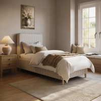 Ticking Stripe Single Ottoman bed in Cream/Neutral -Farrow