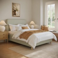 Sage Striped Chenille Double Ottoman Bed with Curved Headboard - Farrow