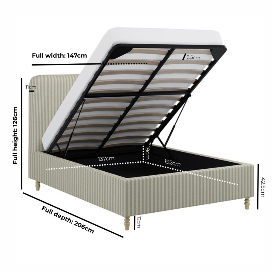 Sage Striped Chenille Double Ottoman Bed with Curved Headboard - Farrow