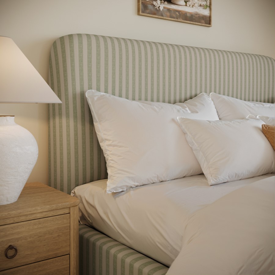 Sage Striped Chenille Double Ottoman Bed with Curved Headboard - Farrow