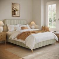 Sage Striped Chenille King Size Ottoman Bed with Curved Headboard - Farrow