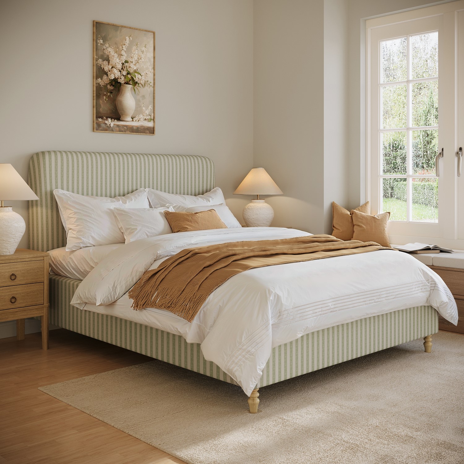Sage Striped Chenille King Ottoman Bed Curved Headboard
