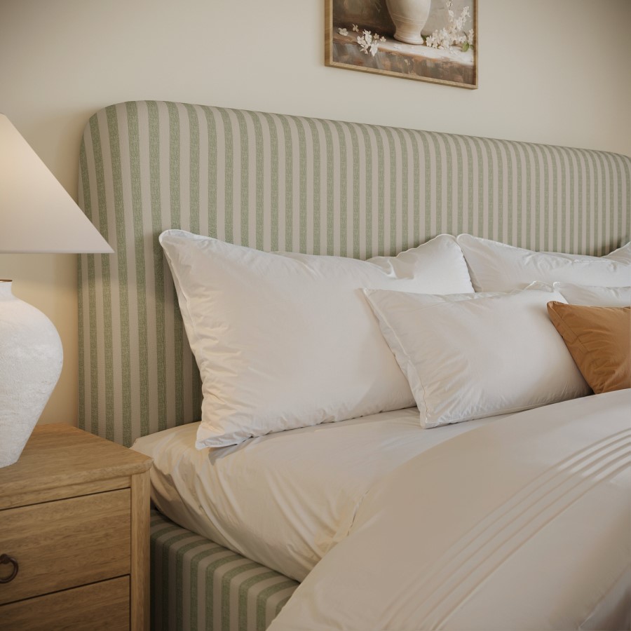 Sage Striped Chenille King Size Ottoman Bed with Curved Headboard - Farrow