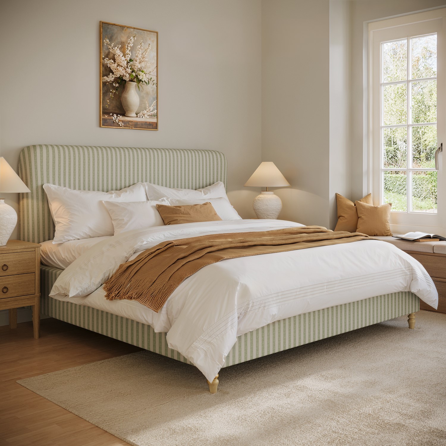 Sage Striped Chenille Super King Ottoman Bed Curved Headboard