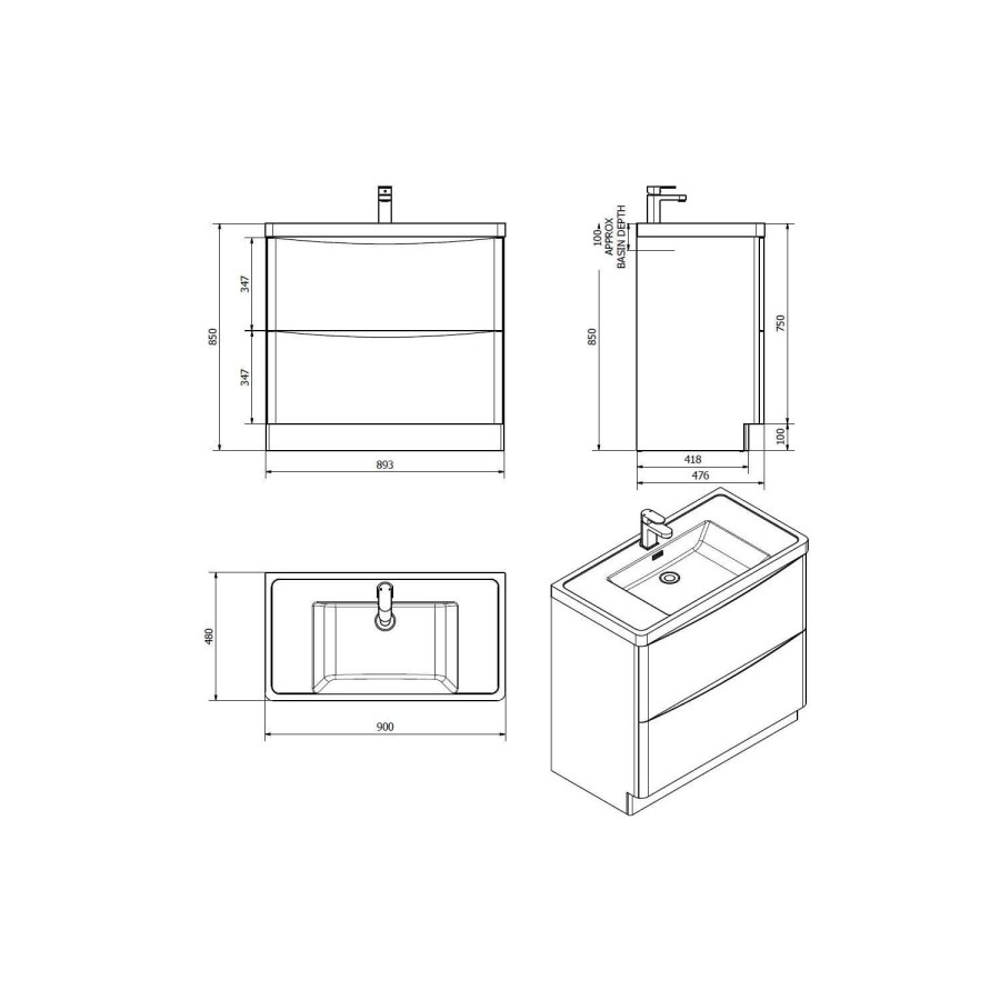 Walnut Free Standing Bathroom Vanity Unit & Basin - W900 x H850mm - Oakland