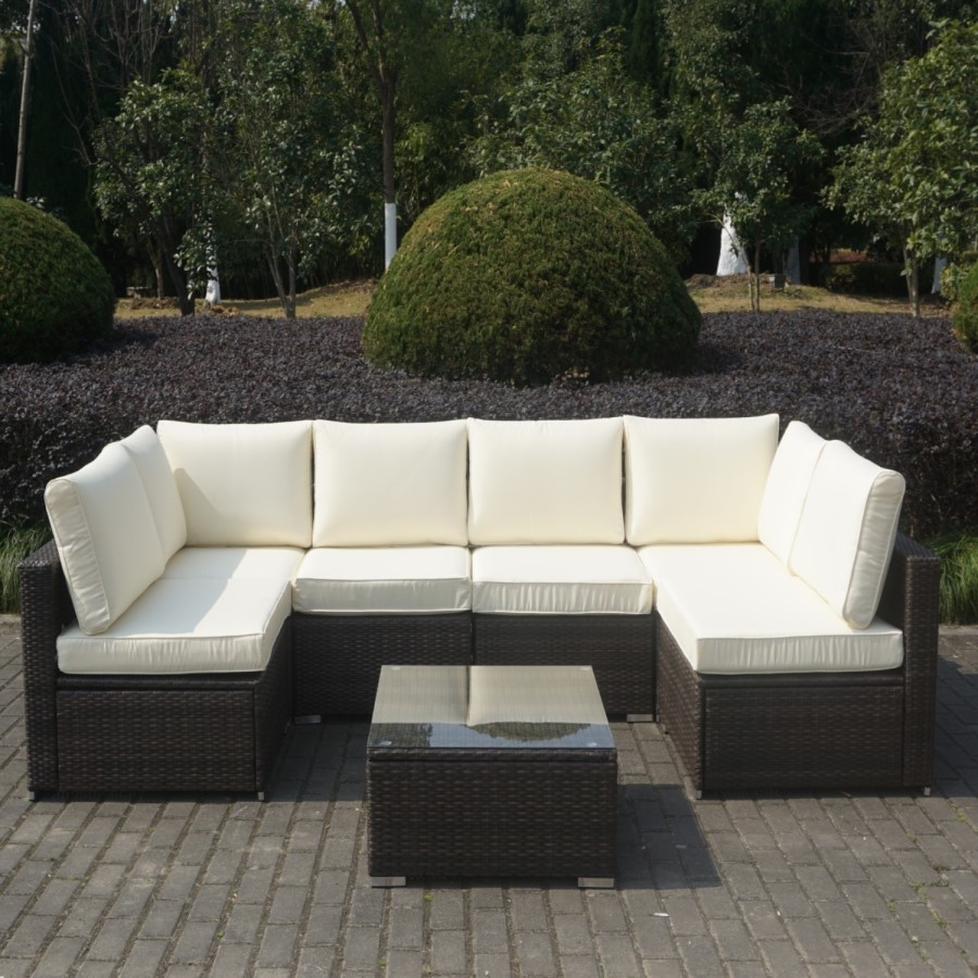 GRADE A2 - Brown Rattan Large Corner Sofa Set With Coffee Table