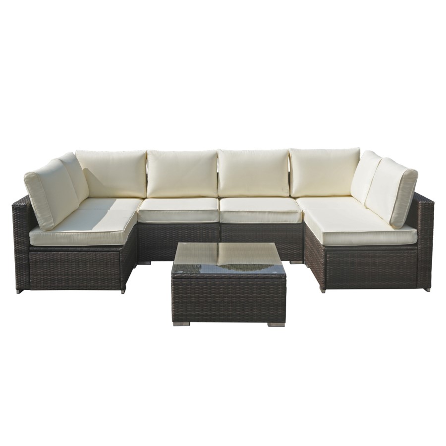 GRADE A2 - Brown Rattan Large Corner Sofa Set With Coffee Table