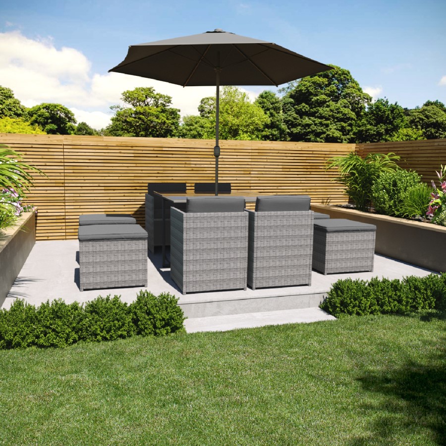 ALMOST PERFECT - 8 Seater Dark Grey Rattan Cube Garden Dining Set - Parasol Included - Fortrose