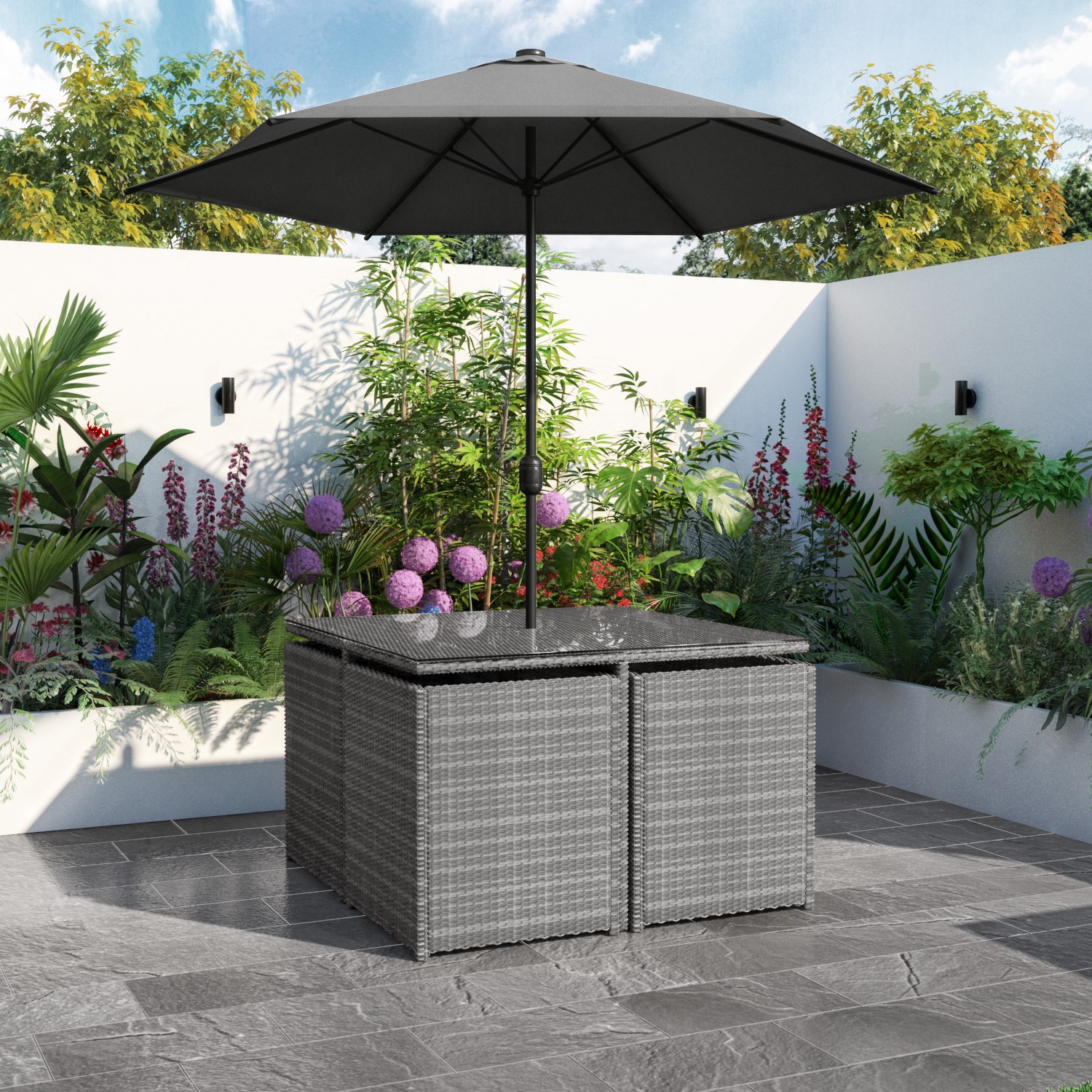 Rattan 10 Piece Cube Garden Dining Set In Dark Grey Parasol