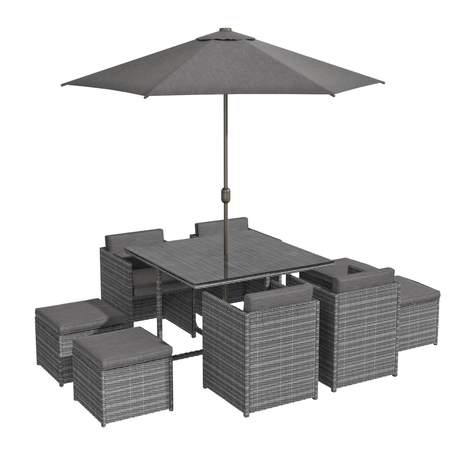 rattan 10 piece cube garden dining set in dark grey parasol included
