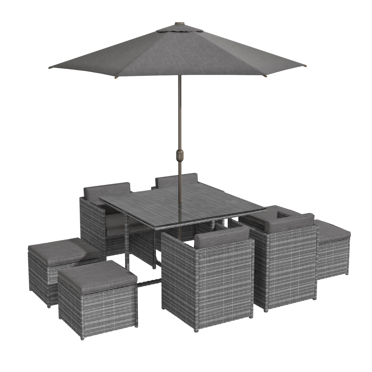 Rattan 10 Piece Cube Garden Dining Set in Dark Grey - Parasol Included