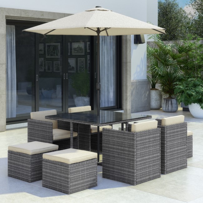 8 Seater Grey Rattan Cube Garden Dining Set - Parasol Included