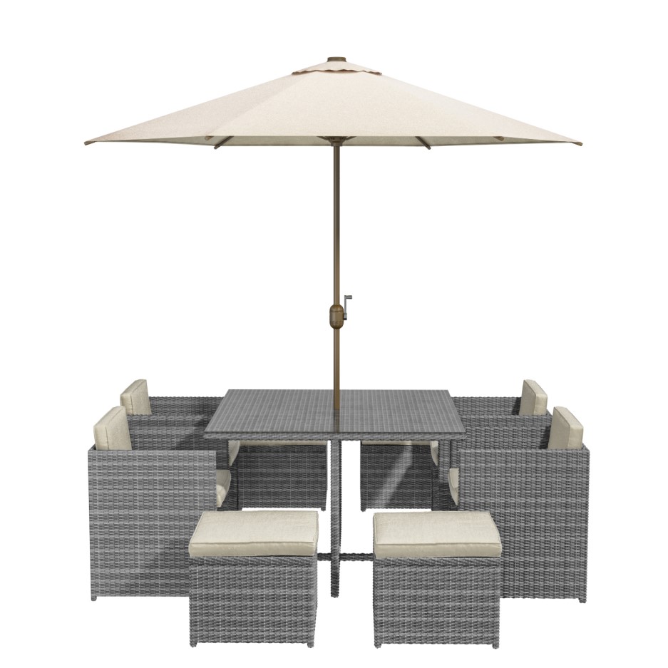 8 Seater Grey Rattan Cube Garden Dining Set - Parasol Included