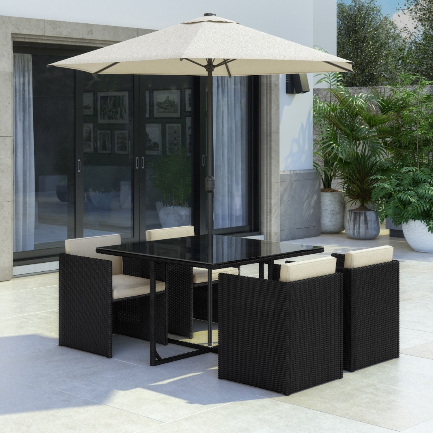 4 Seater Black Rattan Cube Dining Set Parasol Included Furniture123 - Cube 4 Seater Rattan Effect Patio Set