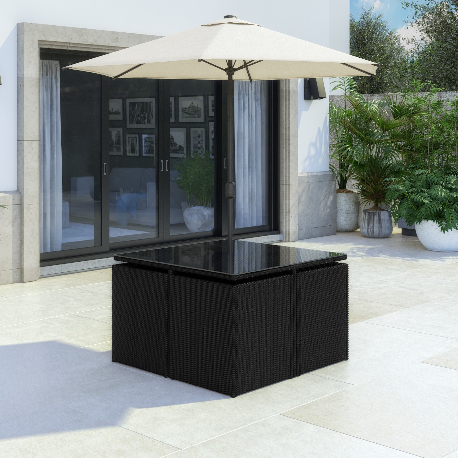 Black Rattan Cube Garden Dining Set 4 Seater Parasol Included
