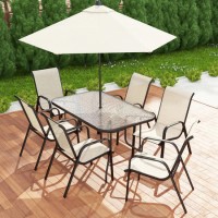 GRADE A1 - Brown Metal and Cream 6 Seater Garden Dining Set - Parasol Included
