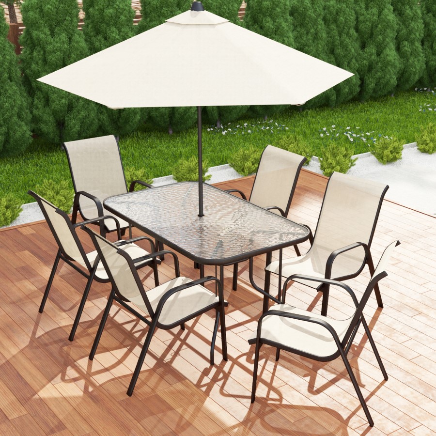 GRADE A1 - Brown Metal and Cream 6 Seater Garden Dining Set - Parasol Included