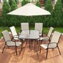 GRADE A1 - Brown Metal and Cream 6 Seater Garden Dining Set - Parasol Included