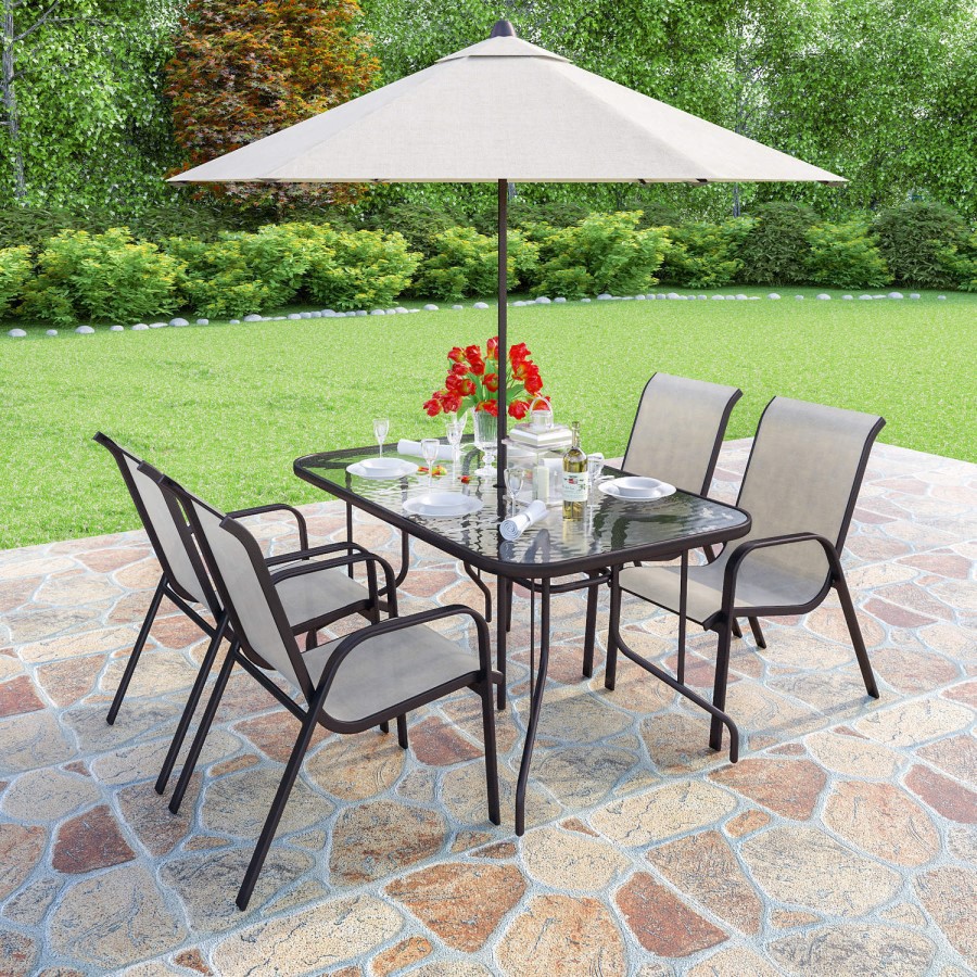 GRADE A1 - Brown Metal and Cream 6 Seater Garden Dining Set - Parasol Included