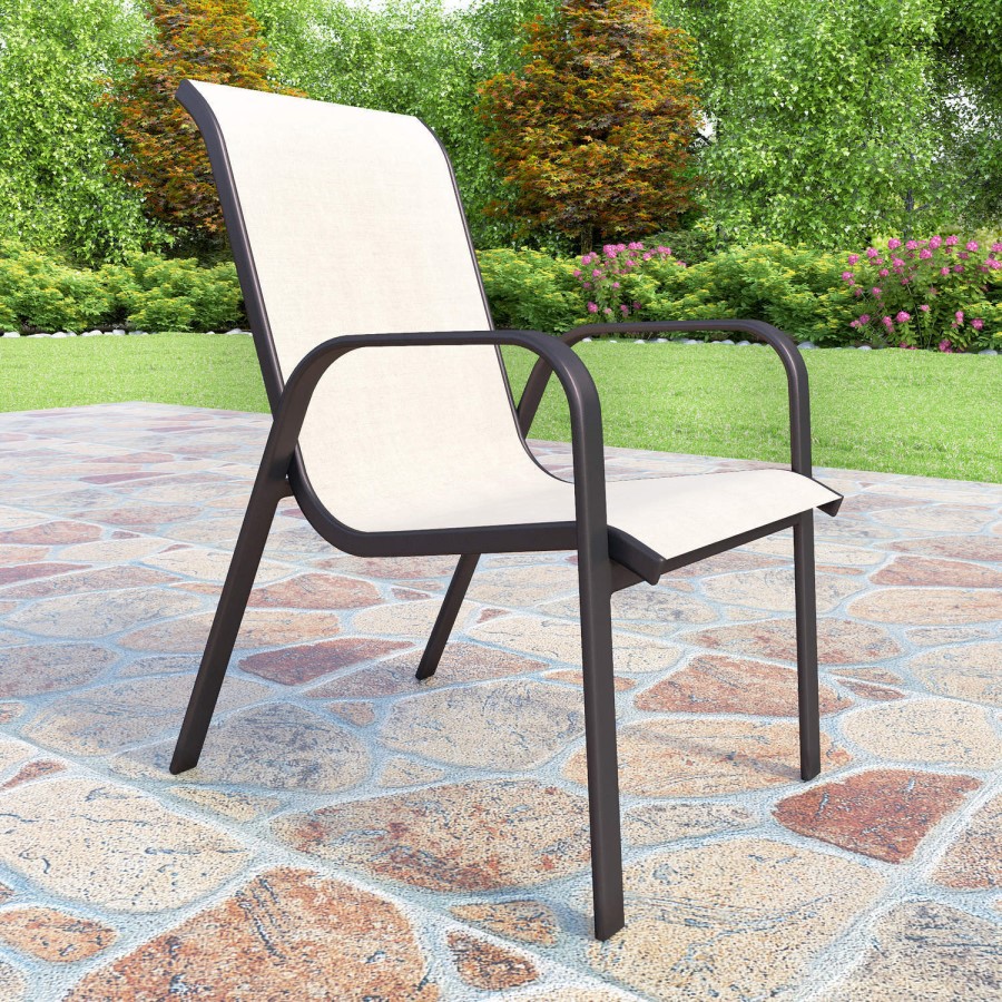 GRADE A1 - Brown Metal and Cream 6 Seater Garden Dining Set - Parasol Included
