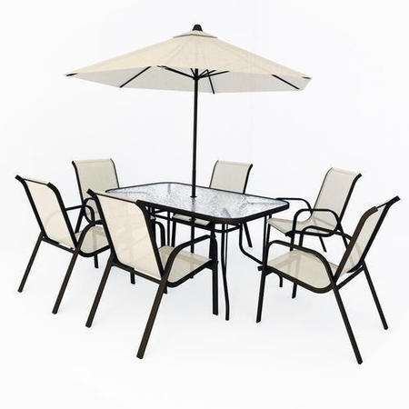 GRADE A1 - Brown Metal and Cream 6 Seater Garden Dining Set - Parasol Included