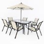 GRADE A1 - Brown Metal and Cream 6 Seater Garden Dining Set - Parasol Included