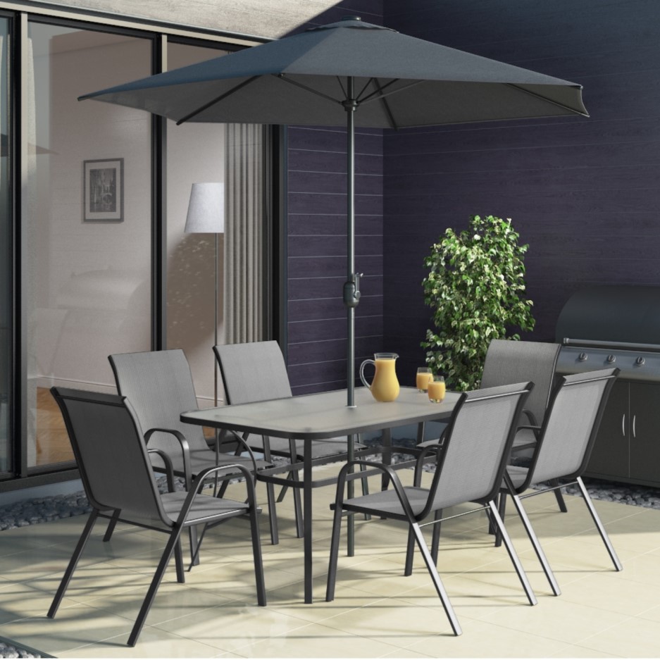 GRADE A1 - Black & Grey Metal 6 Seater Garden Furniture Set - Parasol