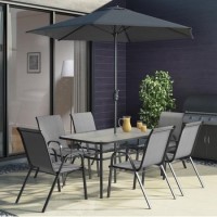 GRADE A1 - Black and Grey Metal 6 Seater Garden Furniture Set - Parasol Included 