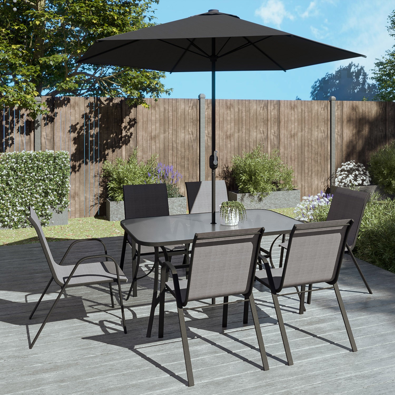 6 Seater Grey Metal Stackable Garden Dining Set with Free Parasol and Base - Fortrose FTR008 5056096046564.0
