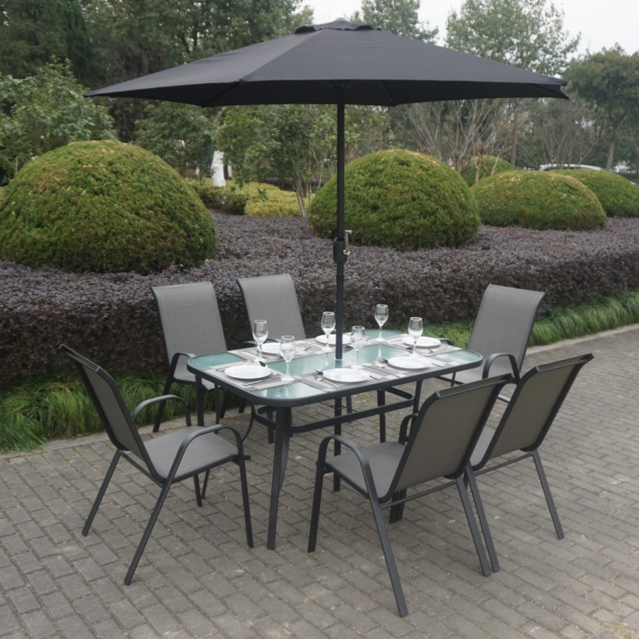GRADE A1 - Black and Grey Metal 6 Seater Garden Furniture Set - Parasol Included 
