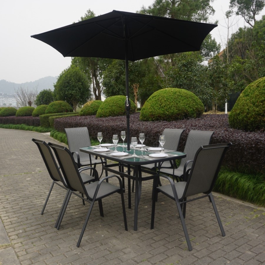 GRADE A1 - Black and Grey Metal 6 Seater Garden Furniture Set - Parasol Included 