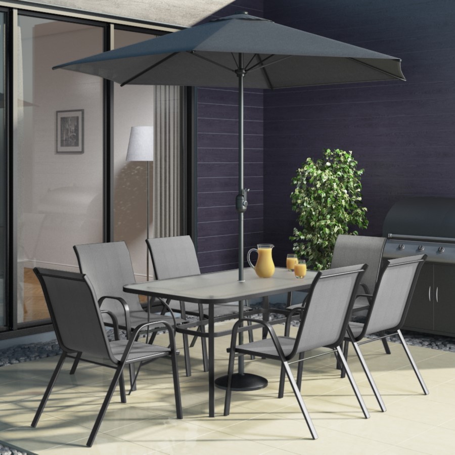 GRADE A2 - 6 Grey Metal Outdoor Dining Chairs