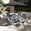 6 Seater Grey Metal Stackable Garden Dining Set with Free Parasol and Base - Fortrose