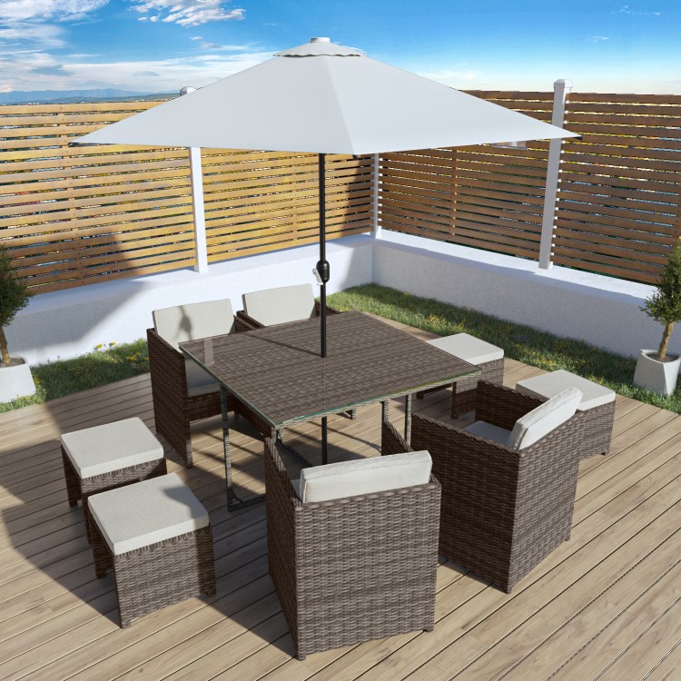 8 Seater Brown Rattan Cube Garden Dining Set - Parasol Included - Fortrose