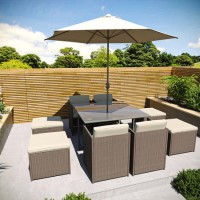 8 Seater Brown Rattan Cube Garden Dining Set - Parasol Included - Fortrose