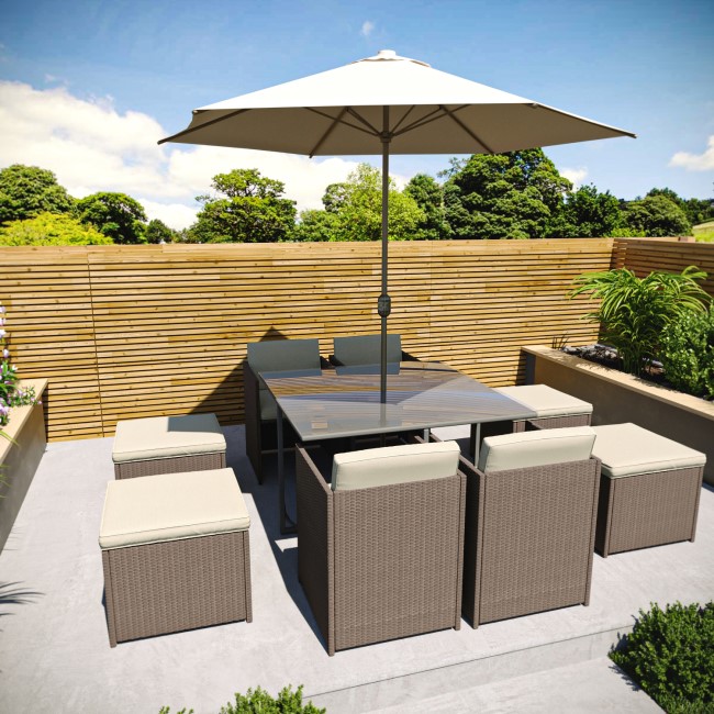 Brown Rattan Cube Dining Set - 10 Piece with Parasol Included