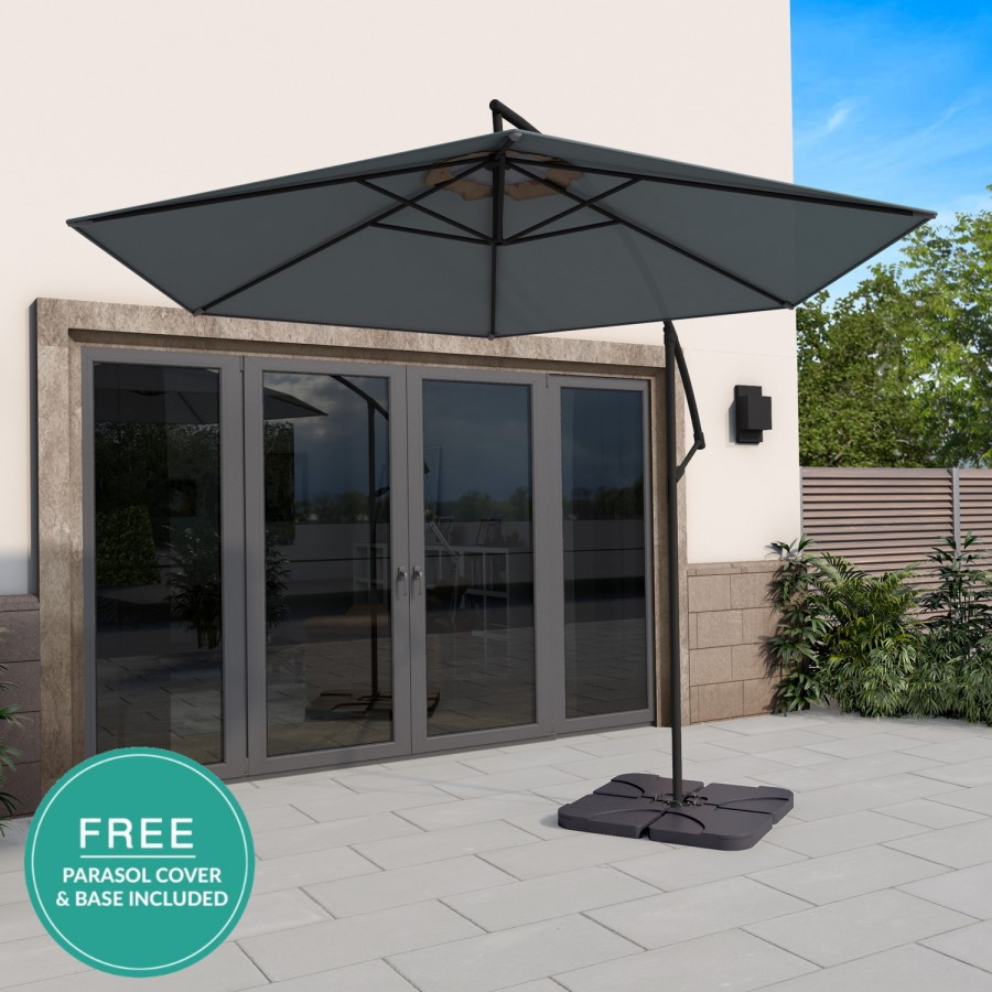 3x3m Dark Grey Cantilever Parasol with Base and Cover Included   - Fortrose