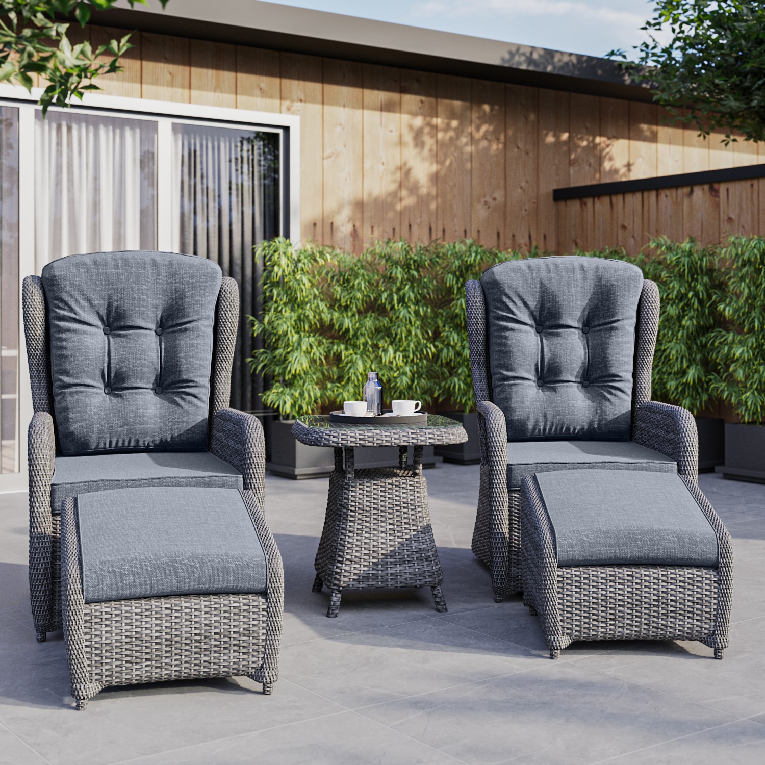 Photo of Reclining rattan garden sun lounger set with table and footstools - dark grey - aspen