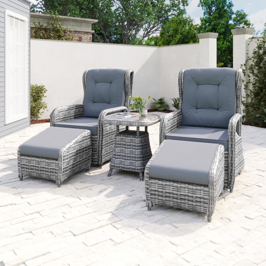 GRADE A1 - Reclining Rattan Garden Sun Lounger Set with Table and Footstools - Dark Grey - Aspen