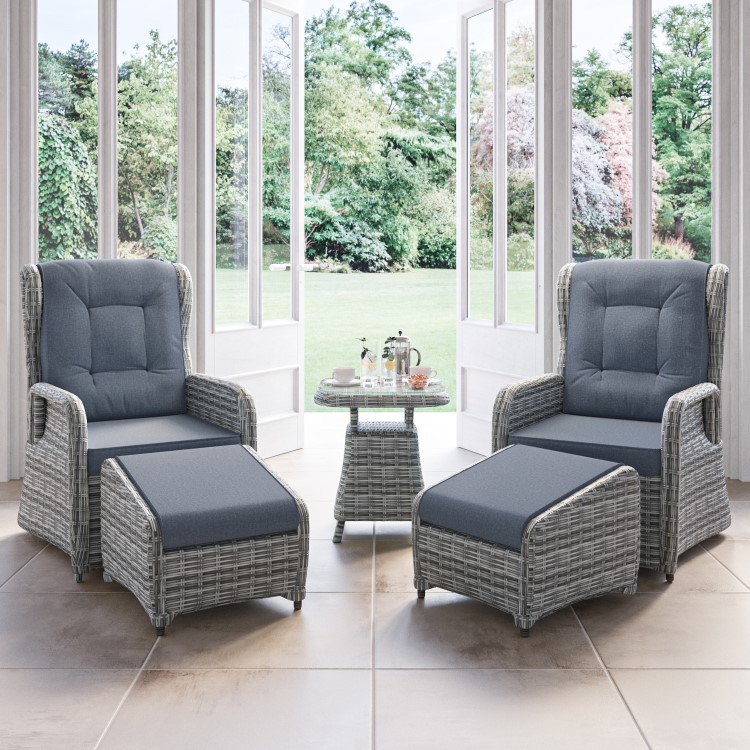 Reclining Rattan Garden Sun Lounger Set with Table and Footstools - Dark Grey - Aspen