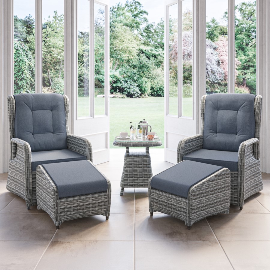 GRADE A1 - Reclining Rattan Garden Sun Lounger Set with Table and Footstools - Dark Grey - Aspen