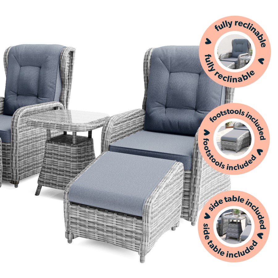 GRADE A1 - Reclining Rattan Garden Sun Lounger Set with Table and Footstools - Dark Grey - Aspen